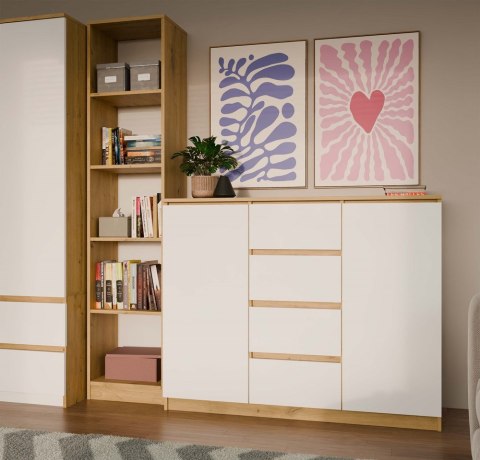 Komoda do salonu biała z drewnem KOM-913-ART-BIEL-MAT