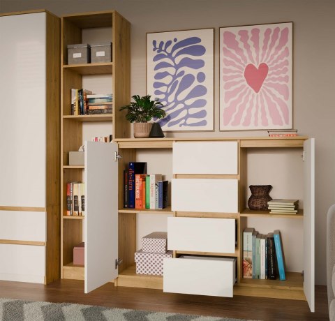 Komoda do salonu biała z drewnem KOM-913-ART-BIEL-MAT