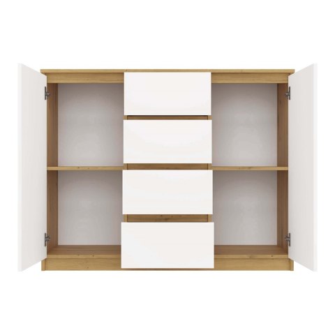 Komoda do salonu biała z drewnem KOM-913-ART-BIEL-MAT