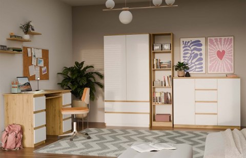 Komoda do salonu biała z drewnem KOM-913-ART-BIEL-MAT