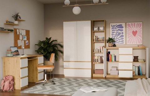 Komoda do salonu biała z drewnem KOM-913-ART-BIEL-MAT