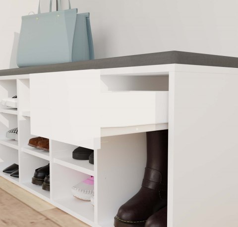 Szafka na buty otwarta z siedziskiem i szufladą BUT-212-BIEL-MAT