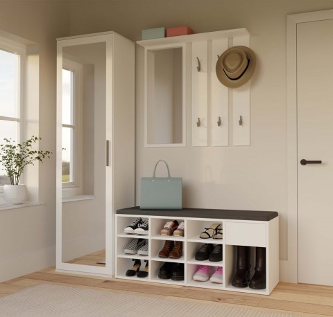 Szafka na buty otwarta z siedziskiem i szufladą BUT-212-BIEL-MAT