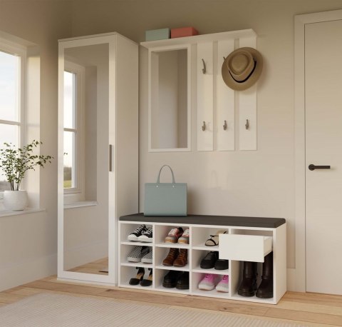 Szafka na buty otwarta z siedziskiem i szufladą BUT-212-BIEL-MAT