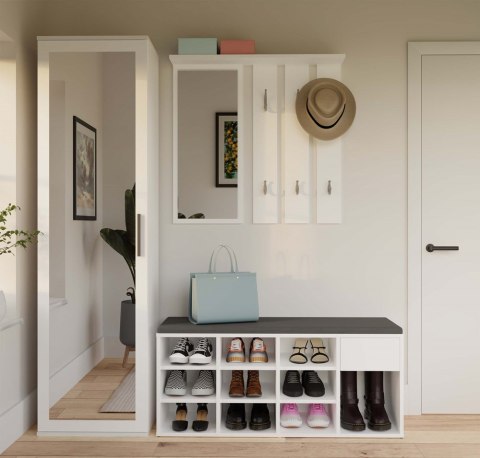 Szafka na buty otwarta z siedziskiem i szufladą BUT-212-BIEL-MAT