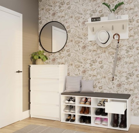 Szafka na buty otwarta z siedziskiem i szufladą BUT-212-BIEL-MAT