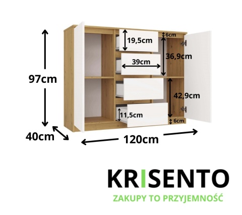 Komoda do salonu biała z drewnem KOM-913-ART-BIEL-MAT