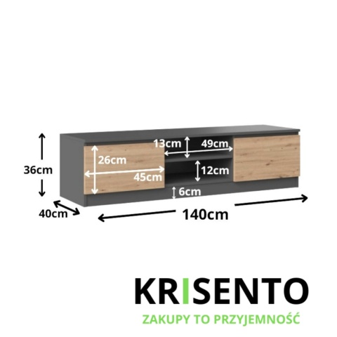 Szafka tv antracyt - dąb artisan 140cm RTV-502-ANT-ART
