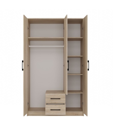 Otwarta szafa 3-drzwiowa z lustrem 120 cm dąb sonoma SZAF-1005-L-SON – widok z przodu na pojemne wnętrze szafy.