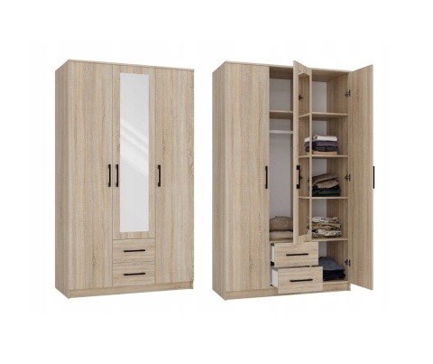 Szafa 120 cm dąb sonoma SZAF-1005-L-SON – zestawienie zamkniętego mebla oraz wersji z otwartymi drzwiami i szufladami.