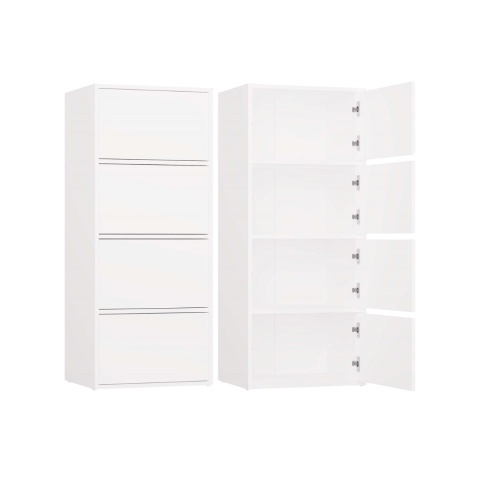 Komoda biała 50 cm KOM-935-BIEL-MAT – porównanie mebla w wariancie otwartym i zamkniętym.