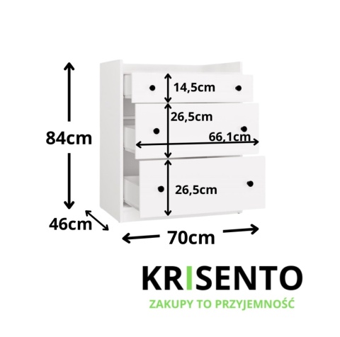Wymiary białej komody pod przewijak KOM-933-BIEL-MAT.