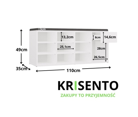 Szafka na buty otwarta z siedziskiem i szufladą BUT-212-BIEL-MAT