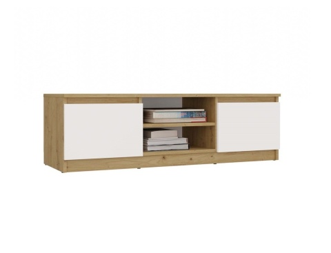 Szafka pod tv 120 cm RTV-501-ART-BIEL-MAT dąb artisan i biały mat - zamknięte fronty z zagospodarowanymi półkami.