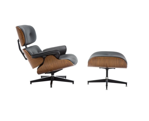 Ekskluzywny zestaw lounge chair: fotel i podnóżek – widok z boku eksponujący elegancką linię giętego drewna orzechowego.