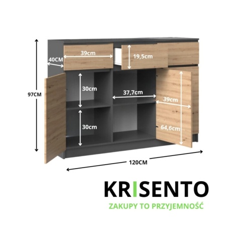 Wymiary komody z drzwiczkami KOM-915-ANT-ART.
