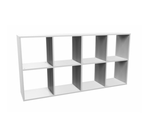 Regał komorowy 2x4 RE-1409-BIEL-MAT w półprofilu – minimalistyczna prezentacja.