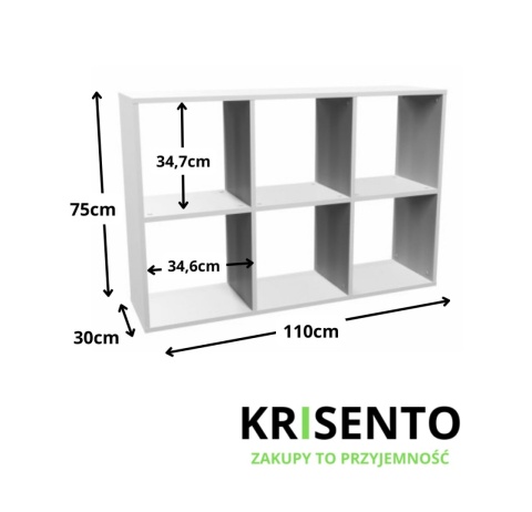 Wymiary całkowite regału 6-komorowego RE-1408-BIEL-MAT.