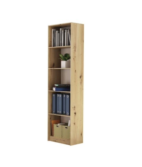 Zagospodarowany wąski regał na książki RE-1402-ART w kolorze dąb artisan widoczny w półprofilu.