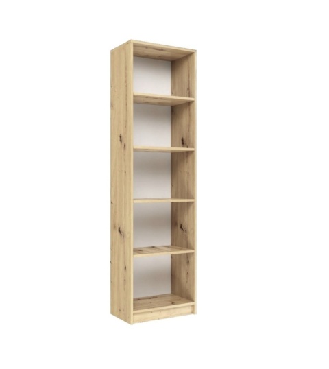 Wąski regał na książki RE-1402-ART w kolorze dąb artisan widoczny w półprofilu.