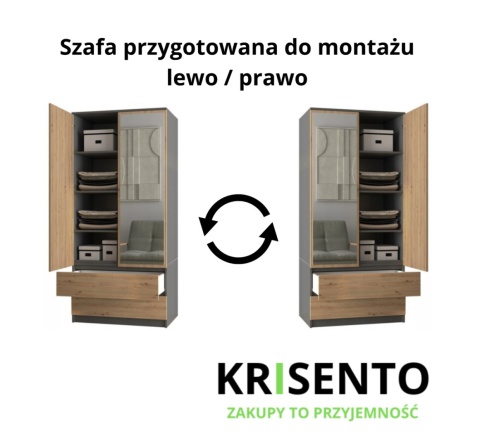 Schemat prezentujący szafę SZAF-1009-ANT-ART z opcją montażu drzwiczek na lewą lub prawą stronę.