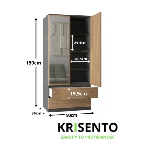 Wymiary szafy do przedpokoju SZAF-1009-ANT-ART o szerokości 90 cm.