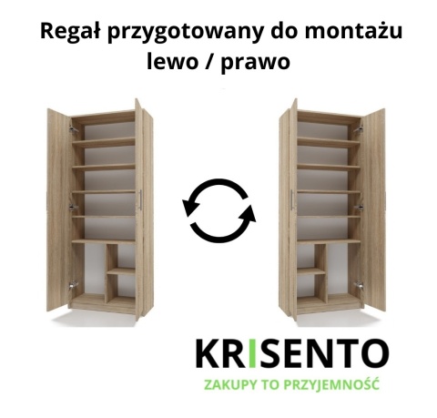 Schemat techniczny regału RE-1427-SON prezentujący opcję montażu drzwiczek na lewą lub prawą stronę.