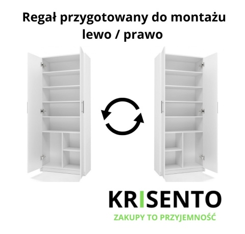 Schemat techniczny regału RE-1427-BIEL-MAT prezentujący możliwość montażu drzwiczek na lewą lub prawą stronę.